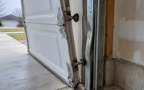 Garage door rollers out of the vertical track, the door panel tilted away from it